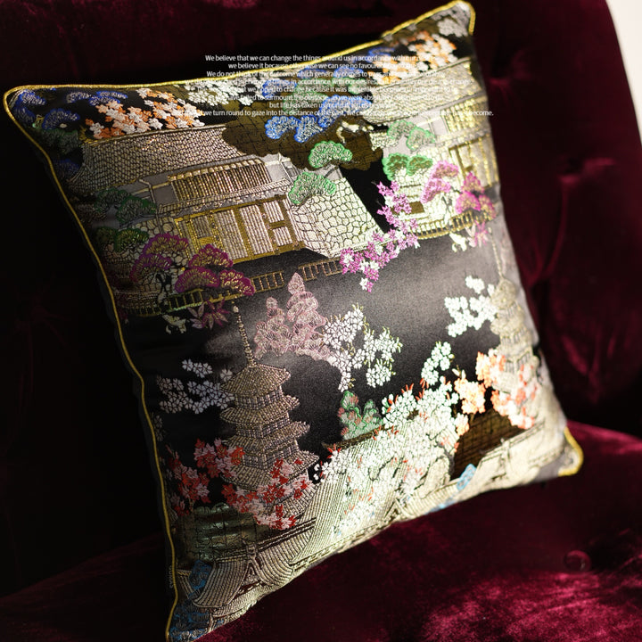 Midnight Pagoda – Handmade Black Satin Chinese Pillow with Gold Embroidery