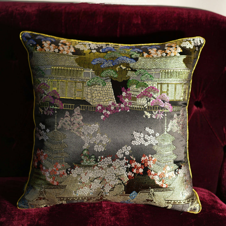 Midnight Pagoda – Handmade Black Satin Chinese Pillow with Gold Embroidery