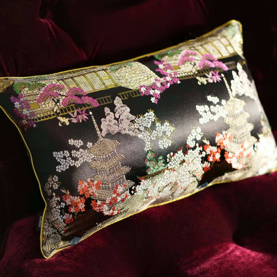 Midnight Pagoda – Handmade Black Satin Chinese Pillow with Gold Embroidery