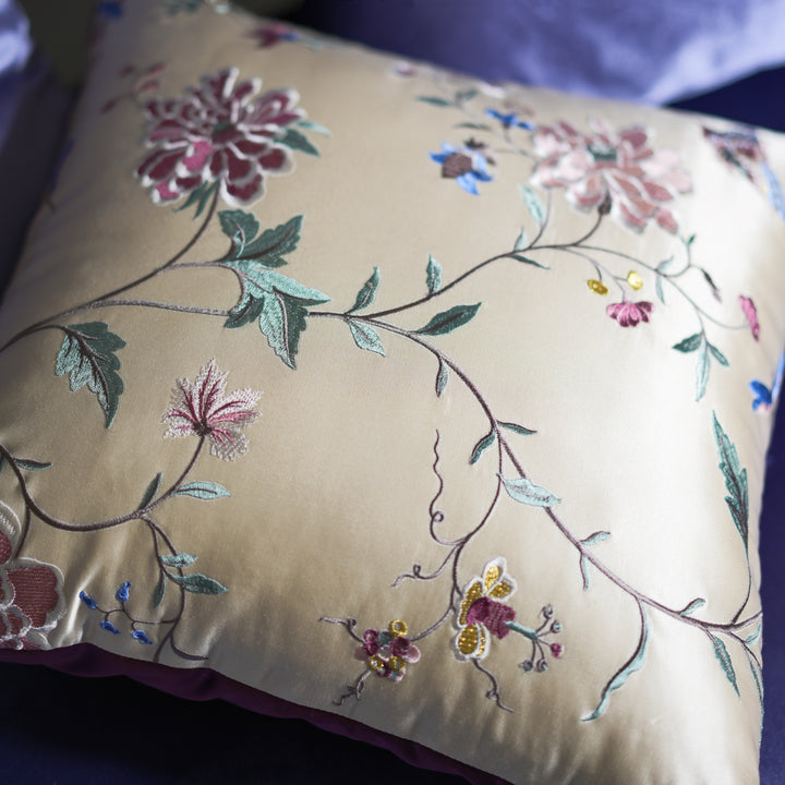 Embroidered Silk Floral Cushion with Green Tassels – Handmade Chinese Throw Pillow