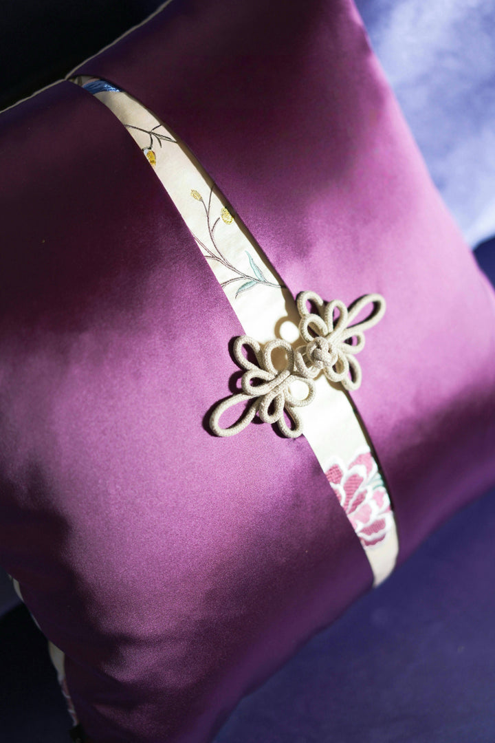 Embroidered Silk Floral Cushion with Green Tassels – Handmade Chinese Throw Pillow