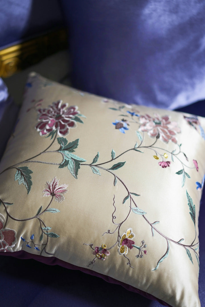 Embroidered Silk Floral Cushion with Green Tassels – Handmade Chinese Throw Pillow