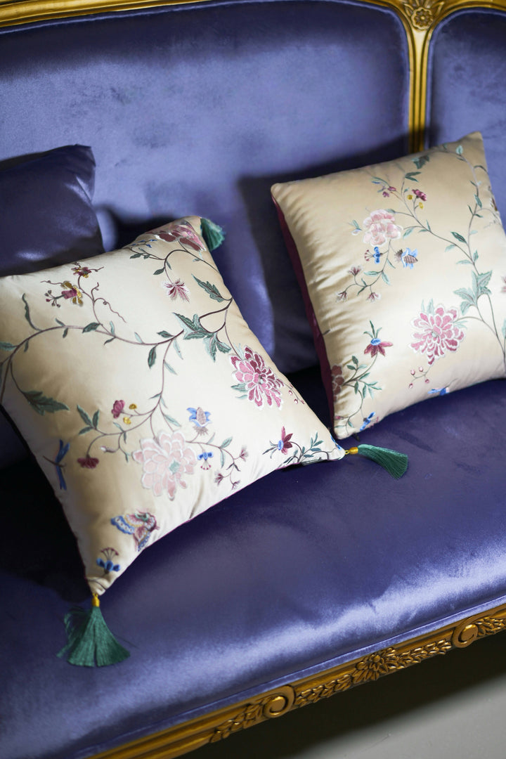 Embroidered Silk Floral Cushion with Green Tassels – Handmade Chinese Throw Pillow