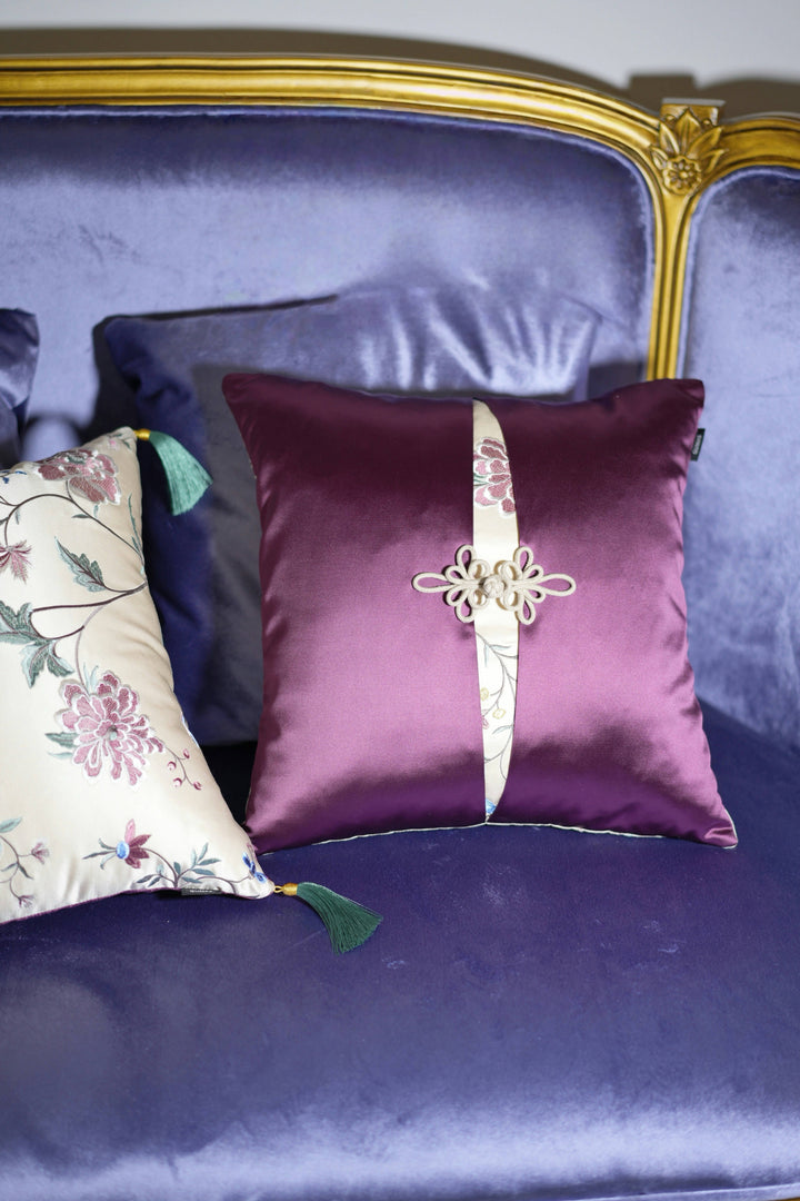 Embroidered Silk Floral Cushion with Green Tassels – Handmade Chinese Throw Pillow