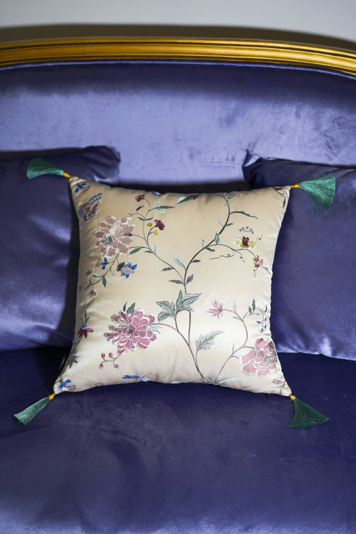 Embroidered Silk Floral Cushion with Green Tassels – Handmade Chinese Throw Pillow