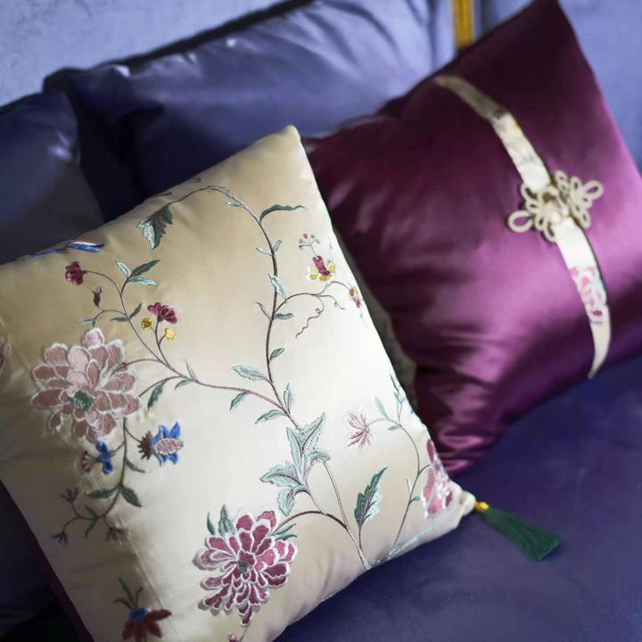 Embroidered Silk Floral Cushion with Green Tassels – Handmade Chinese Throw Pillow