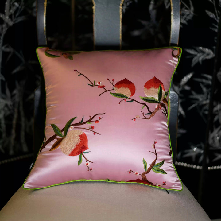 Peach Blossom Luck – Handmade Embroidered Silk Throw Pillow with Peach Motif