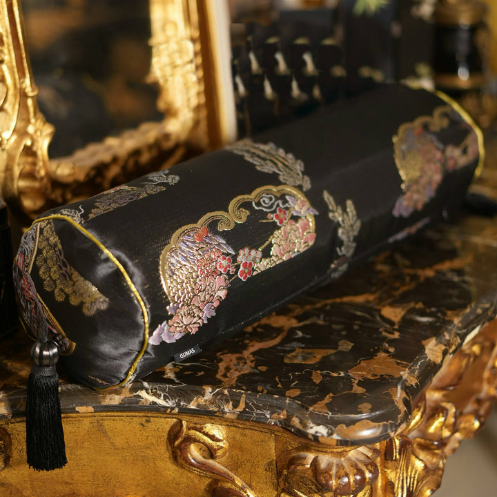 Handmade Brocade Bolster Pillow with Embroidered Tassels – Black Satin Cylindrical Cushion with Oriental Motifs