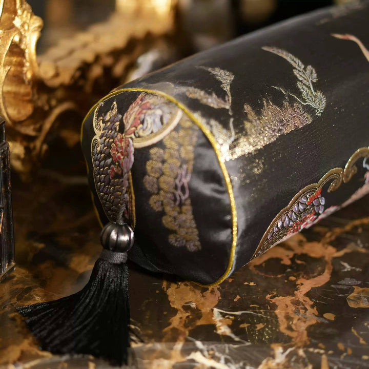 Handmade Brocade Bolster Pillow with Embroidered Tassels – Black Satin Cylindrical Cushion with Oriental Motifs