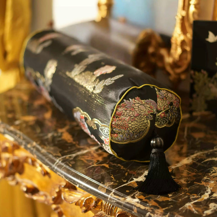 Handmade Brocade Bolster Pillow with Embroidered Tassels – Black Satin Cylindrical Cushion with Oriental Motifs