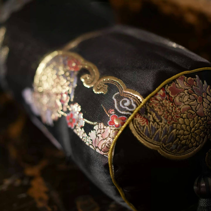Handmade Brocade Bolster Pillow with Embroidered Tassels – Black Satin Cylindrical Cushion with Oriental Motifs