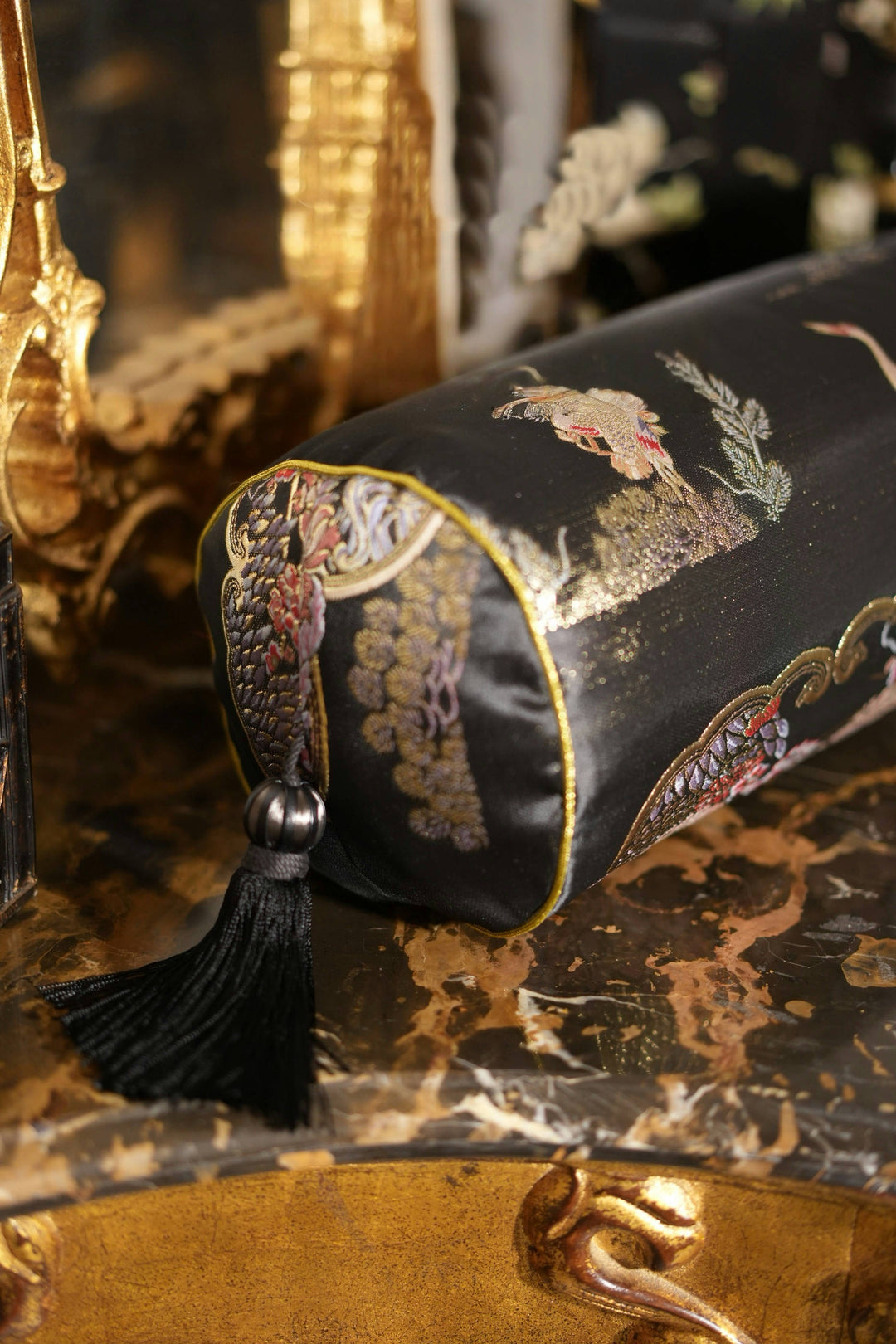 Handmade Brocade Bolster Pillow with Embroidered Tassels – Black Satin Cylindrical Cushion with Oriental Motifs