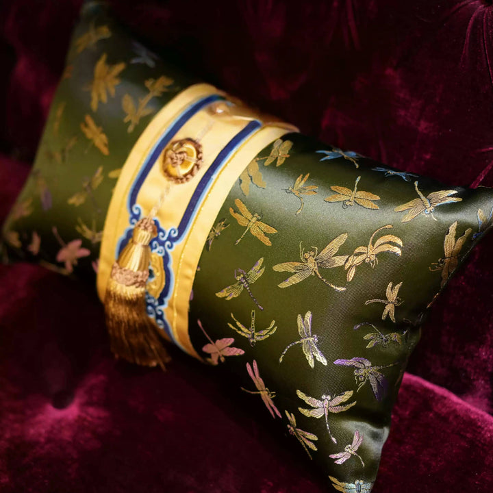 Embroidered Dragonfly Satin Lumbar Pillow – Green Gold New Chinese Style Tassel Cushion