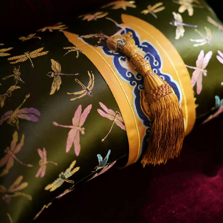 Embroidered Dragonfly Satin Lumbar Pillow – Green Gold New Chinese Style Tassel Cushion