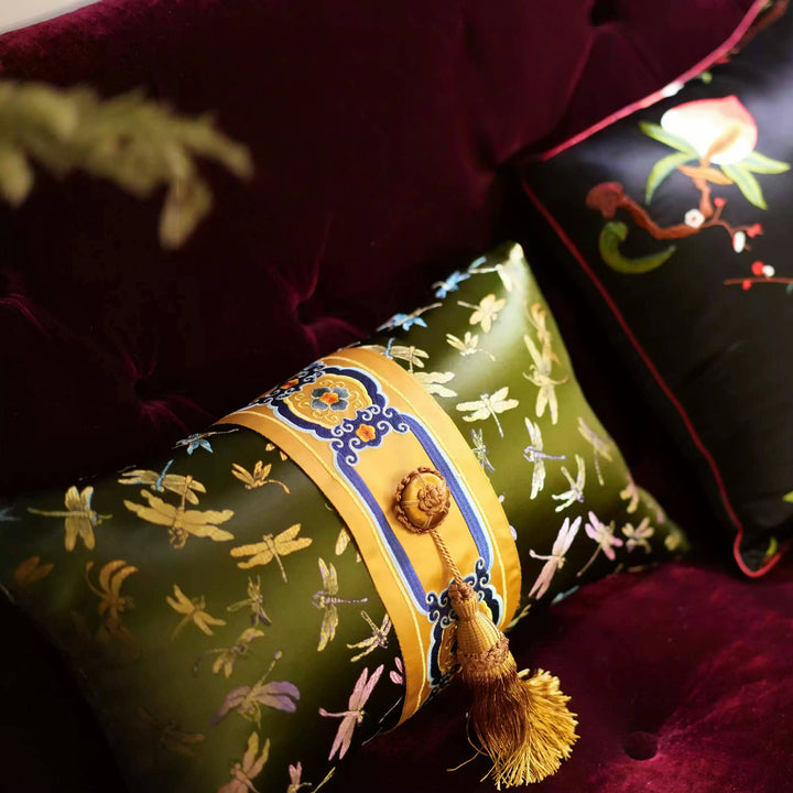Embroidered Dragonfly Satin Lumbar Pillow – Green Gold New Chinese Style Tassel Cushion