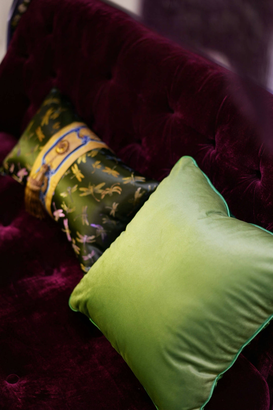 Embroidered Dragonfly Satin Lumbar Pillow – Green Gold New Chinese Style Tassel Cushion