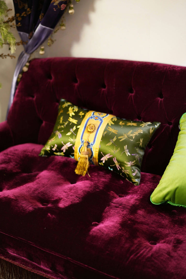 Embroidered Dragonfly Satin Lumbar Pillow – Green Gold New Chinese Style Tassel Cushion