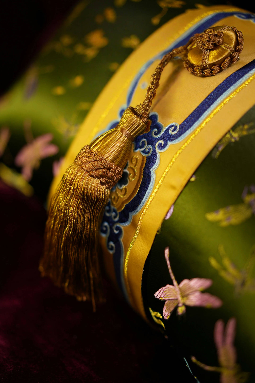Embroidered Dragonfly Satin Lumbar Pillow – Green Gold New Chinese Style Tassel Cushion