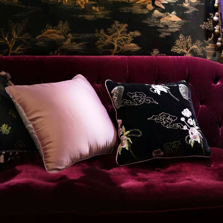 Silk Velvet Throw Pillow in Yangfei Pink – Handmade New Chinese Style Decorative Cushion