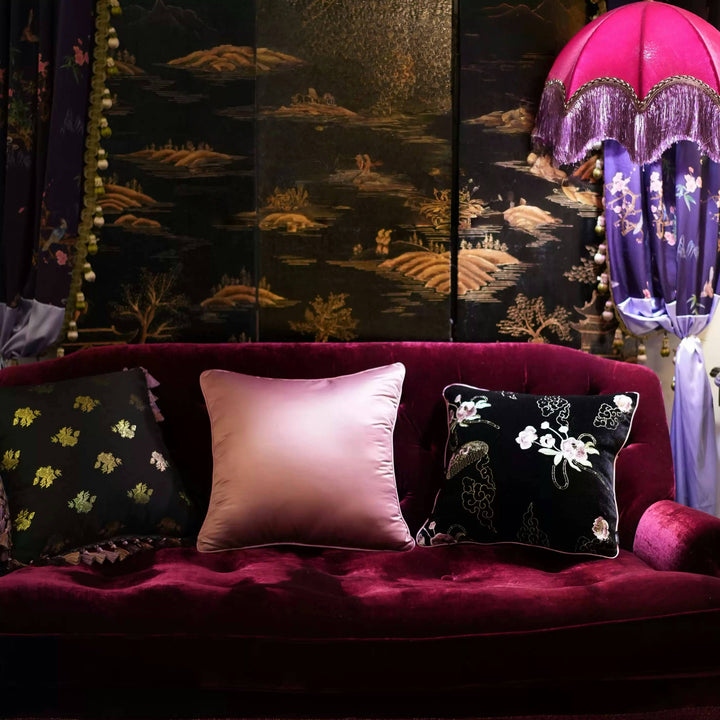 Silk Velvet Throw Pillow in Yangfei Pink – Handmade New Chinese Style Decorative Cushion