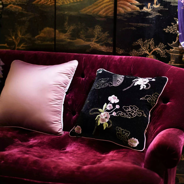 Silk Velvet Throw Pillow in Yangfei Pink – Handmade New Chinese Style Decorative Cushion