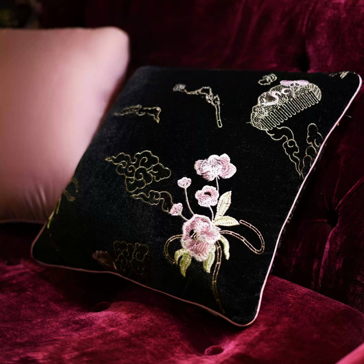 Silk Velvet Throw Pillow in Yangfei Pink – Handmade New Chinese Style Decorative Cushion