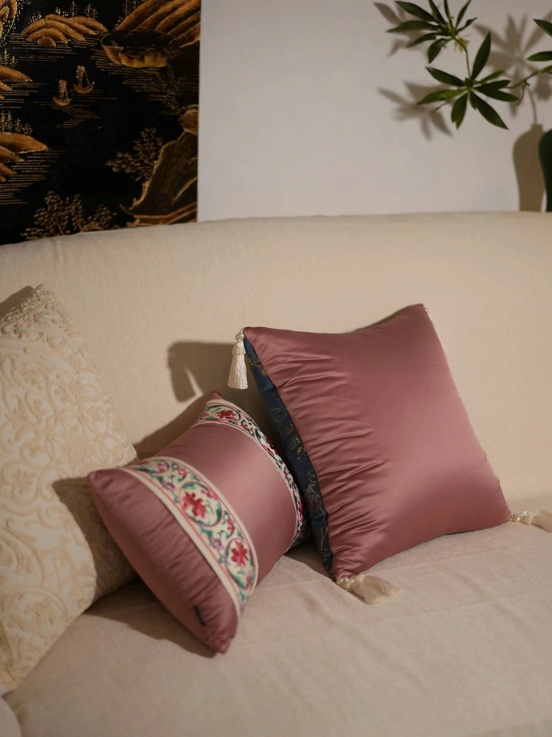 Whispers of Blossom – Handmade Satin Floral Lumbar Cushion with Embroidered Ribbon