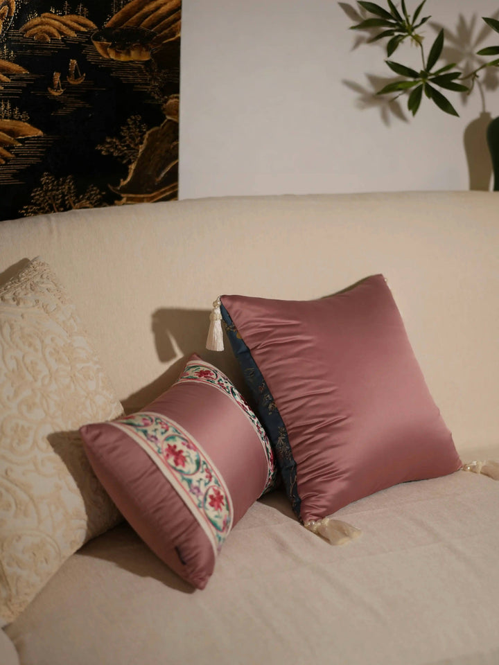 Whispers of Blossom – Handmade Satin Floral Lumbar Cushion with Embroidered Ribbon
