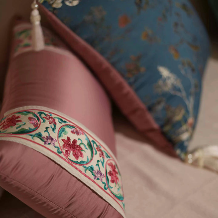 Whispers of Blossom – Handmade Satin Floral Lumbar Cushion with Embroidered Ribbon