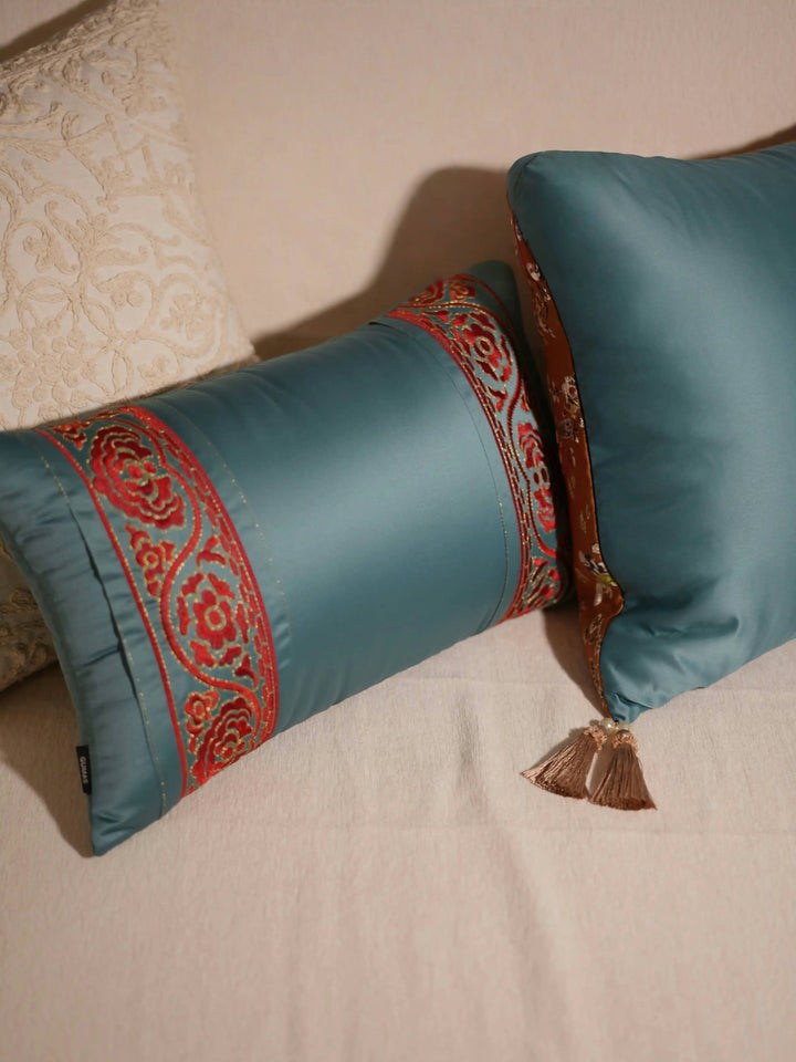 Whispers of Blossom – Handmade Satin Floral Lumbar Cushion with Embroidered Ribbon