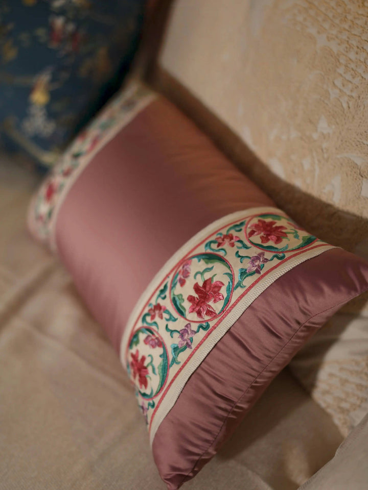 Whispers of Blossom – Handmade Satin Floral Lumbar Cushion with Embroidered Ribbon