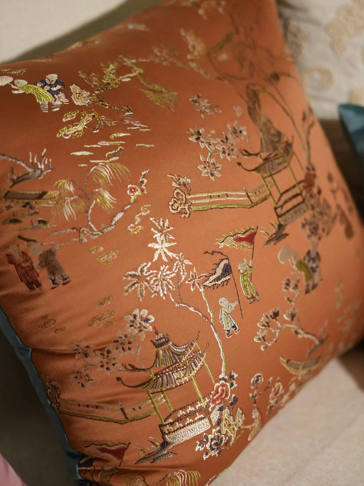 Whispers of Blossom – Handmade Satin Floral Lumbar Cushion with Embroidered Ribbon