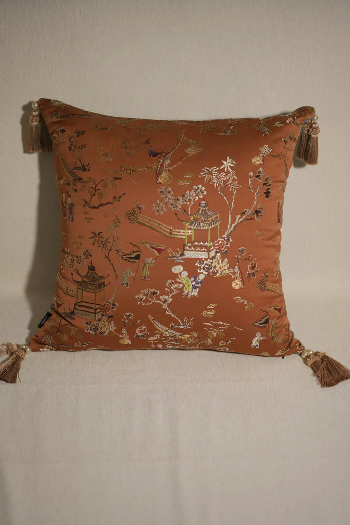 Whispers of Blossom – Handmade Satin Floral Lumbar Cushion with Embroidered Ribbon