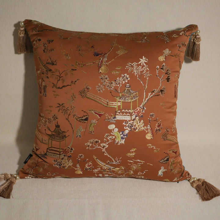 Whispers of Blossom – Handmade Satin Floral Lumbar Cushion with Embroidered Ribbon