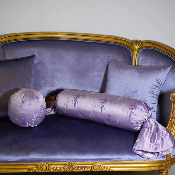 “Evening Lilac” Satin Bamboo Embroidered Pillows – Handmade Purple Cushions with Vintage Charm