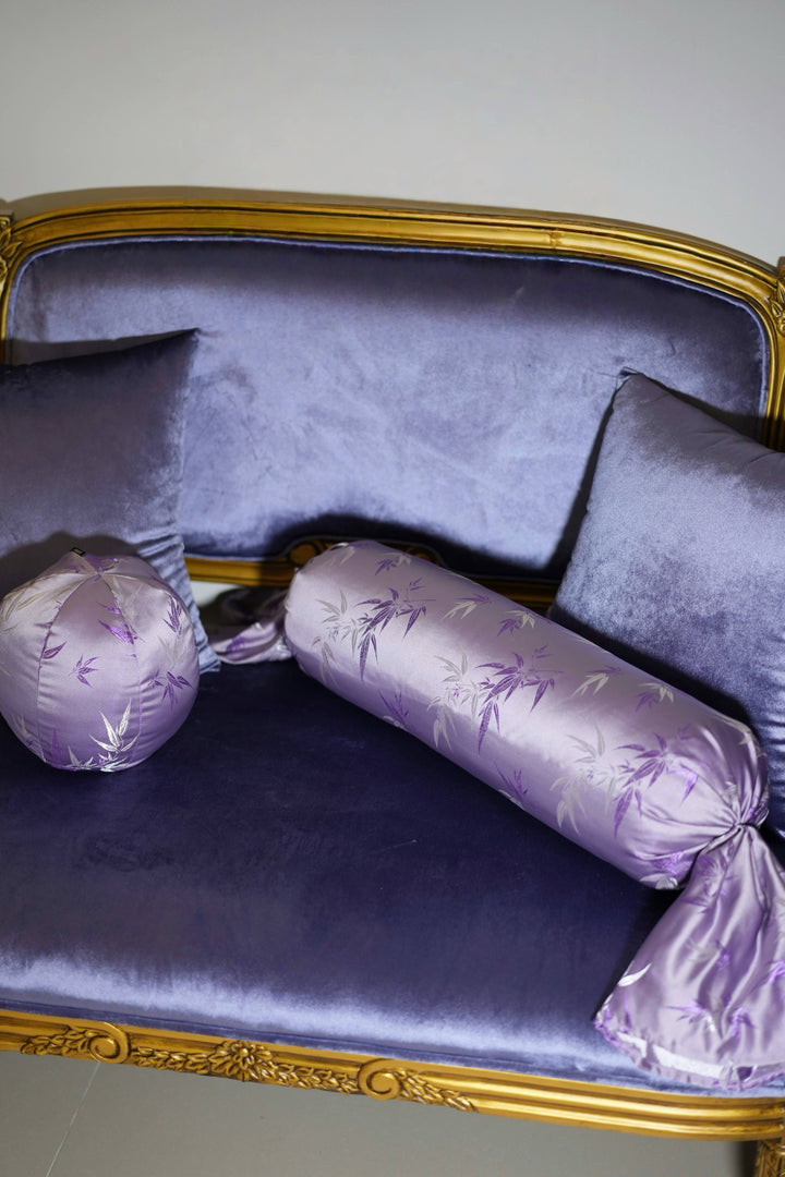 “Evening Lilac” Satin Bamboo Embroidered Pillows – Handmade Purple Cushions with Vintage Charm