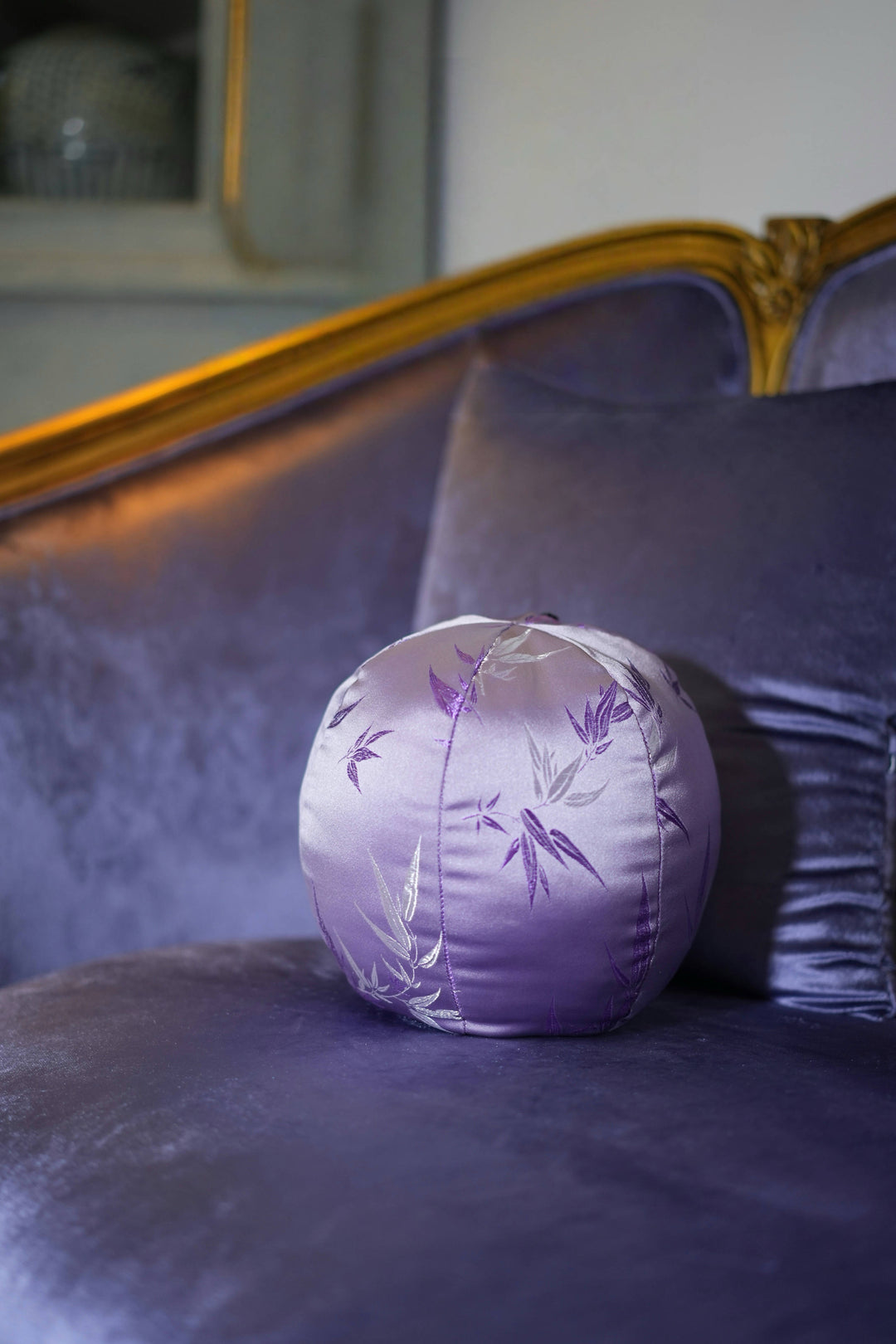“Evening Lilac” Satin Bamboo Embroidered Pillows – Handmade Purple Cushions with Vintage Charm