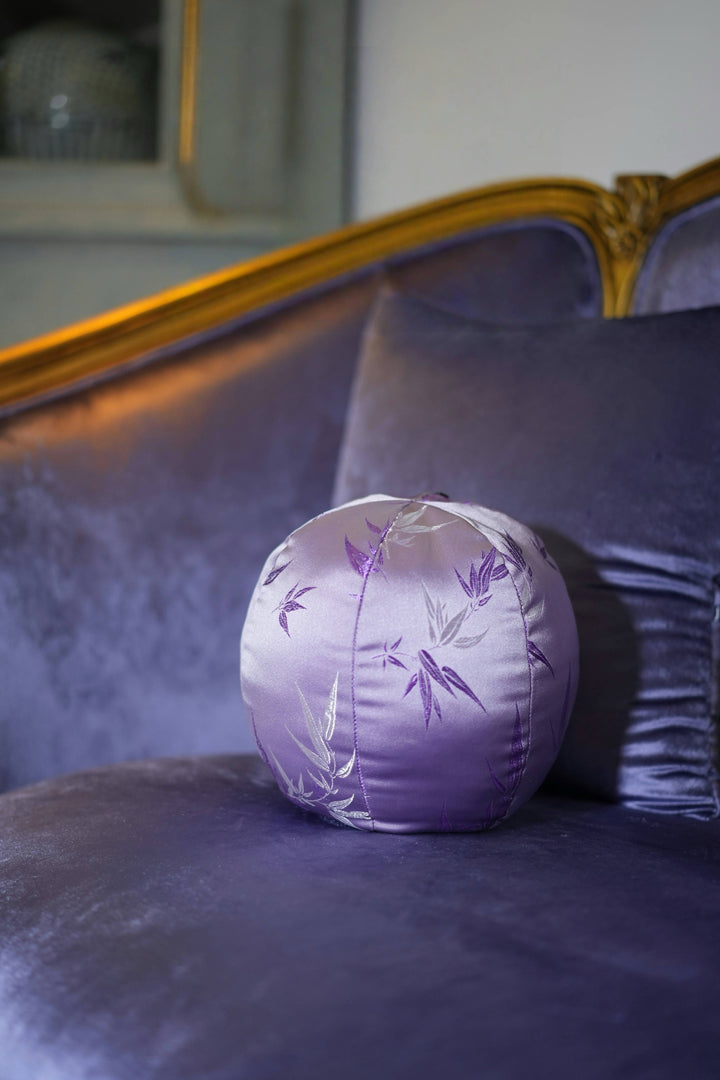 “Evening Lilac” Satin Bamboo Embroidered Pillows – Handmade Purple Cushions with Vintage Charm