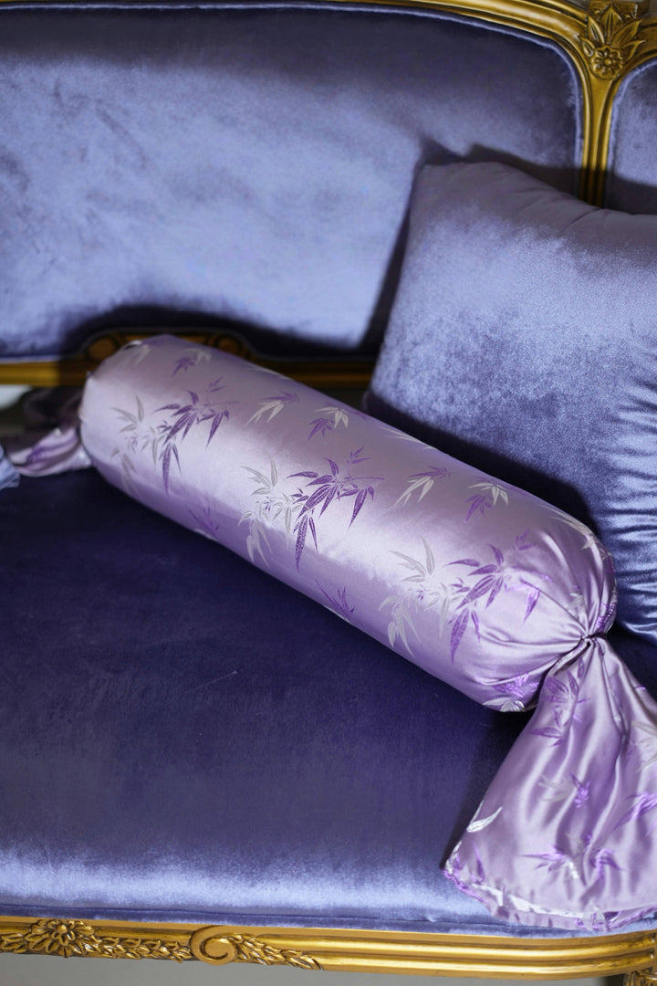 “Evening Lilac” Satin Bamboo Embroidered Pillows – Handmade Purple Cushions with Vintage Charm