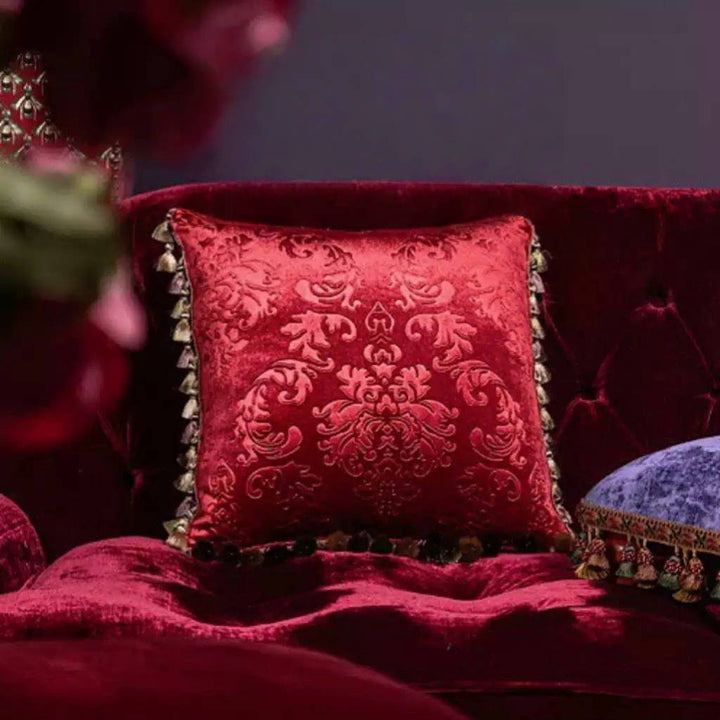 Midnight Regal – Handmade Purple Velvet Cushion with Embossed Baroque Pattern and Pom Trim