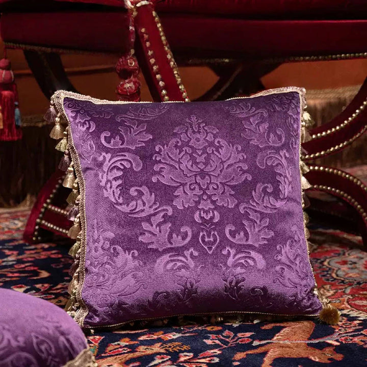 Midnight Regal – Handmade Purple Velvet Cushion with Embossed Baroque Pattern and Pom Trim