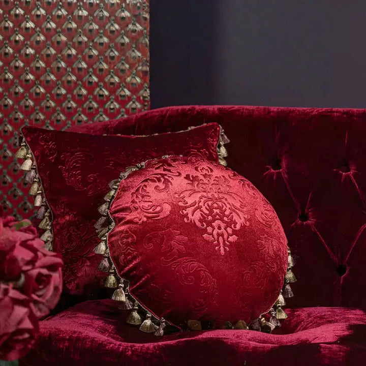 Midnight Regal – Handmade Purple Velvet Cushion with Embossed Baroque Pattern and Pom Trim