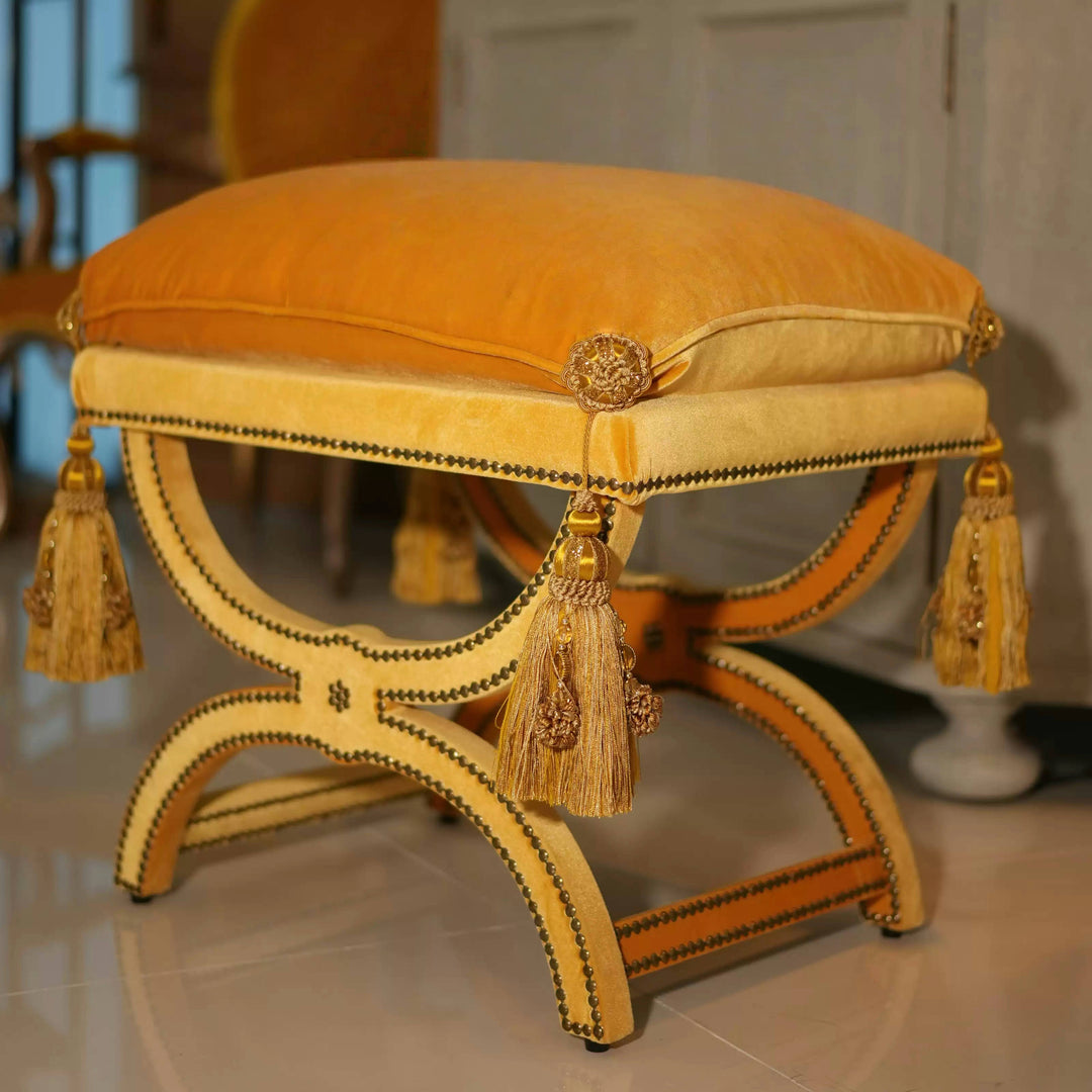 French Vintage Tassel Bench – Handmade Velvet Upholstered Stool with Carved Wood Frame