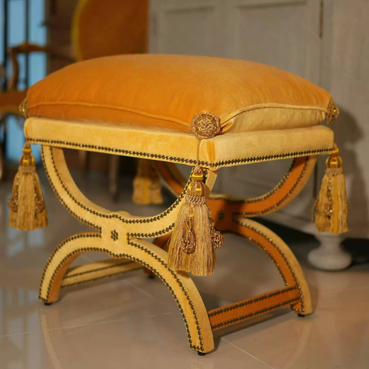 French Vintage Tassel Bench – Handmade Velvet Upholstered Stool with Carved Wood Frame