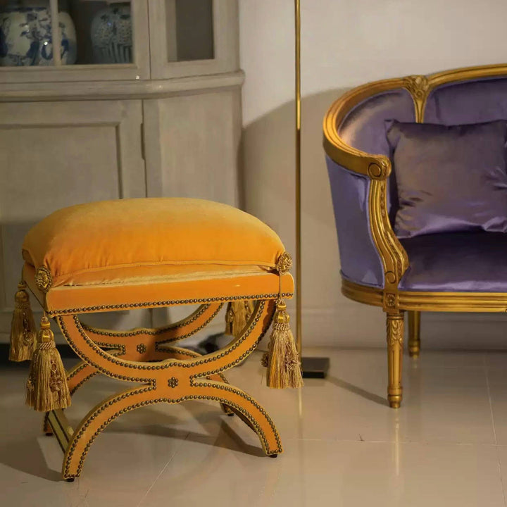 French Vintage Tassel Bench – Handmade Velvet Upholstered Stool with Carved Wood Frame