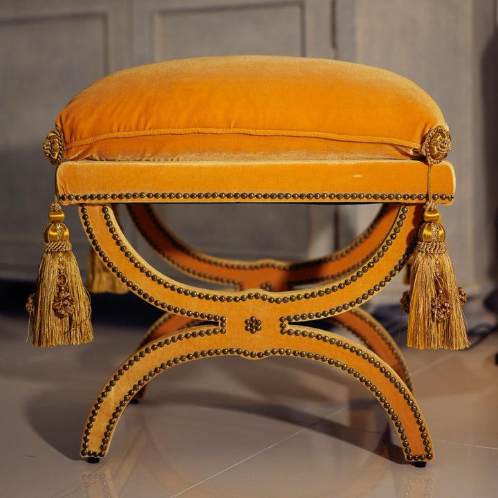 French Vintage Tassel Bench – Handmade Velvet Upholstered Stool with Carved Wood Frame