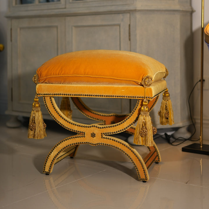 French Vintage Tassel Bench – Handmade Velvet Upholstered Stool with Carved Wood Frame
