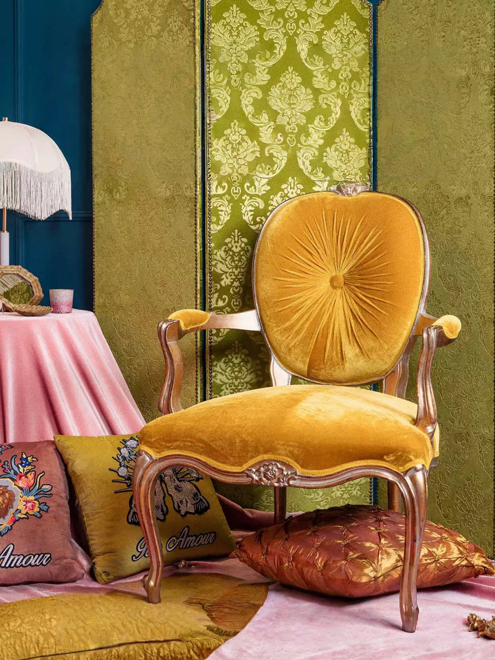 Vintage Retro Velvet Armchair – Handmade Single Lounge Chair with Carved Wood and Golden Upholstery
