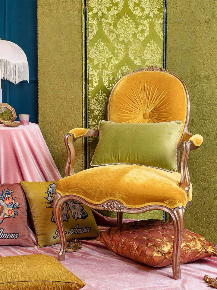 Vintage Retro Velvet Armchair – Handmade Single Lounge Chair with Carved Wood and Golden Upholstery