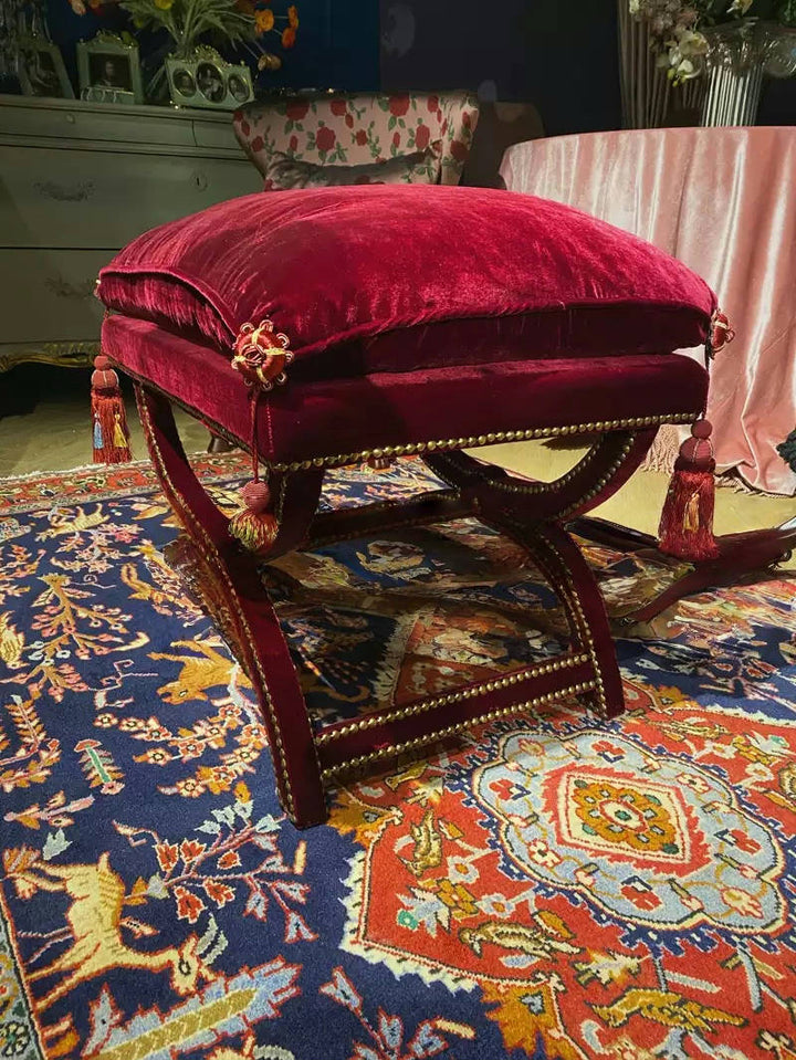 Vintage Burgundy Tassel Bench – Handmade American-Style Velvet Ottoman with Carved Wood Frame